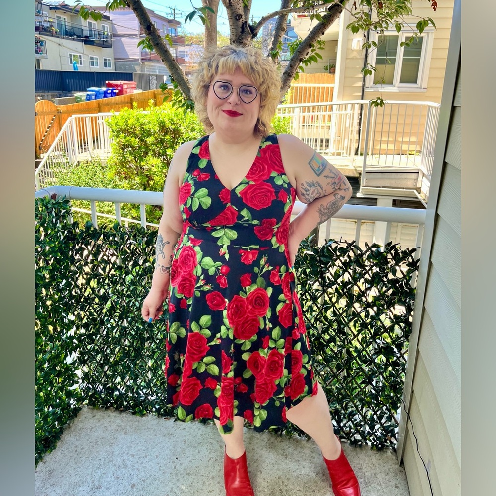 XL Cherry Velvet brand Norma dress in “Midnight Beauty” rose print. 100% cotton.